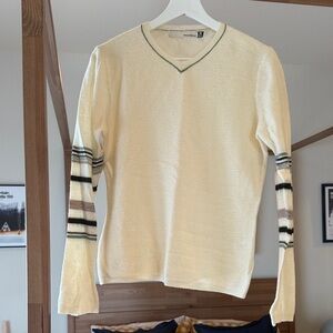 Smartwool Cream V-Neck Sweater with Striped Sleeves